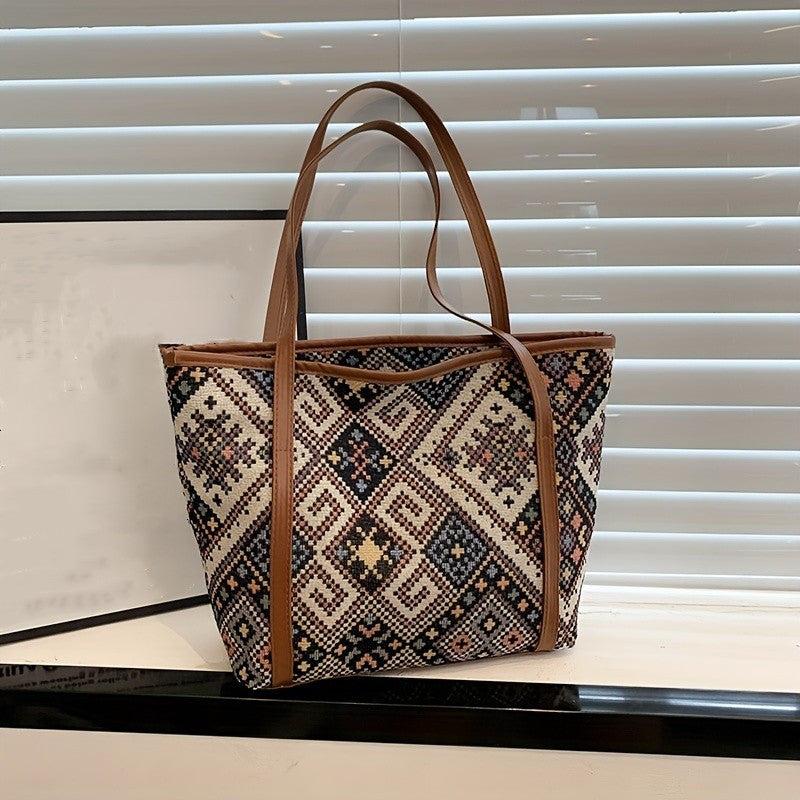 Ethnic Style Fabric Tote Bag Geometric Pattern Handbag