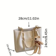 Women's PU Leather Tote Shoulder Bag with Bear Pendant