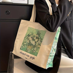 Painting Print Shoulder Canvas Bag Large Capacity Zipper Tote Bag