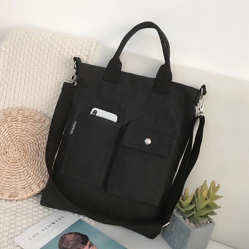 Solid Canvas Tote Bag Large Capacity Crossbody Bag Pockets Handbag