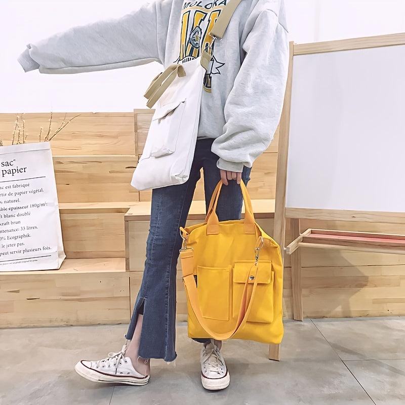 Solid Canvas Tote Bag Large Capacity Crossbody Bag Pockets Handbag