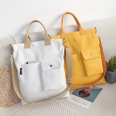 Solid Canvas Tote Bag Large Capacity Crossbody Bag Pockets Handbag