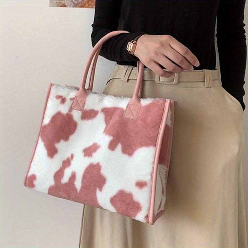 Leopard Print Plush Tote Bag Top Handle Handbag Women's Shoulder Bag