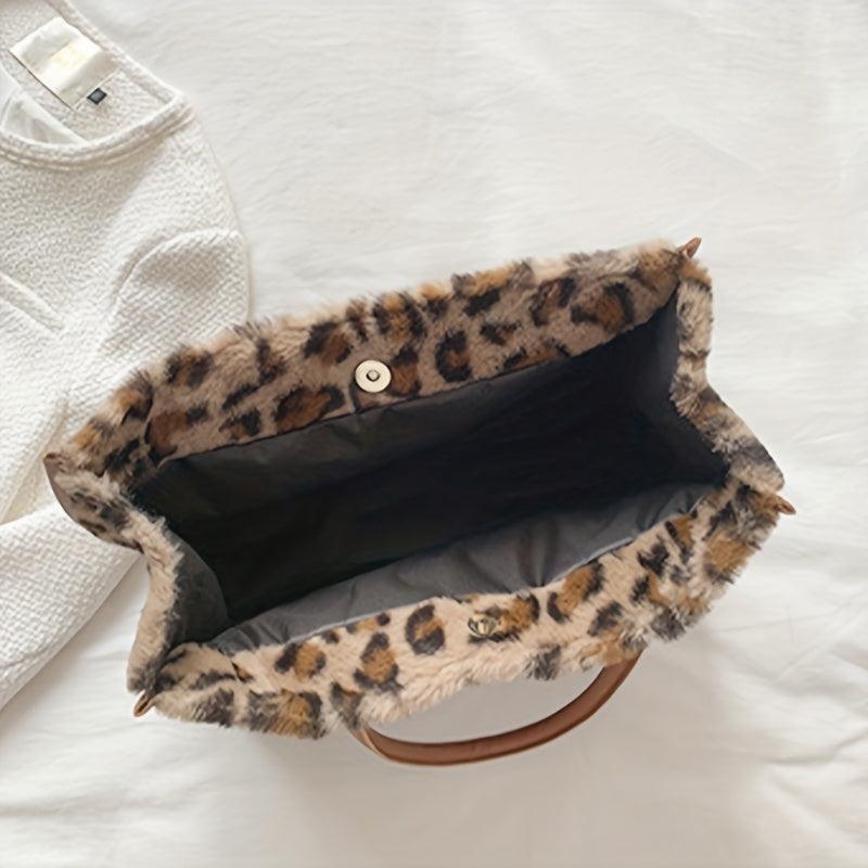 Leopard Print Plush Tote Bag Top Handle Handbag Women's Shoulder Bag