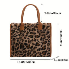 Leopard Print Plush Tote Bag Top Handle Handbag Women's Shoulder Bag