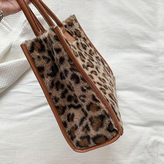 Leopard Print Plush Tote Bag Top Handle Handbag Women's Shoulder Bag
