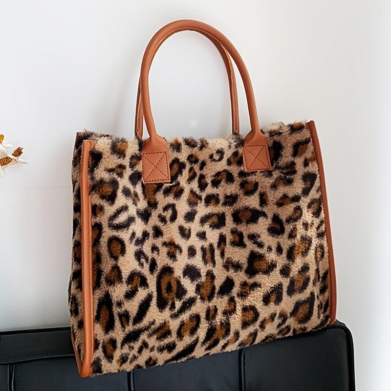 Leopard Print Plush Tote Bag Top Handle Handbag Women's Shoulder Bag