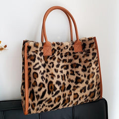 Leopard Print Plush Tote Bag Top Handle Handbag Women's Shoulder Bag