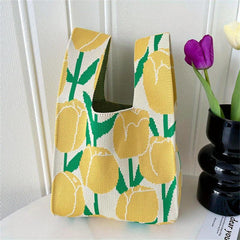 Floral Pattern Knitted Casual Handbag Large Capacity Portable Versatile Tote Bag