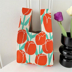 Floral Pattern Knitted Casual Handbag Large Capacity Portable Versatile Tote Bag