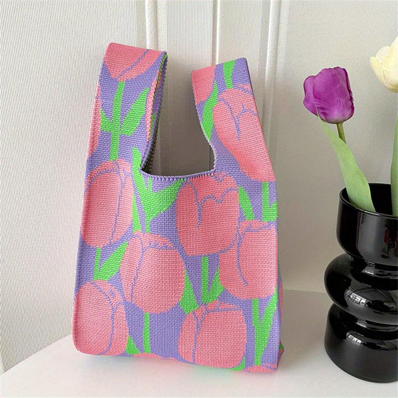 Floral Pattern Knitted Casual Handbag Large Capacity Portable Versatile Tote Bag
