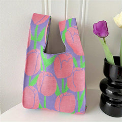 Floral Pattern Knitted Casual Handbag Large Capacity Portable Versatile Tote Bag