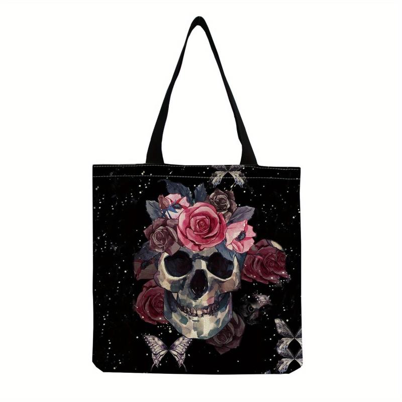 Vintage Skull & Flower Print Canvas Bag Lightweight Shopper Halloween Bag