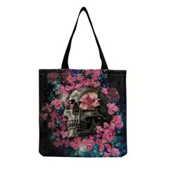 Vintage Skull & Flower Print Canvas Bag Lightweight Shopper Halloween Bag