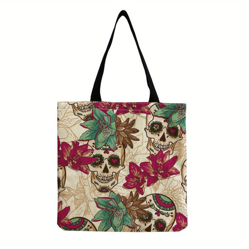 Vintage Skull & Flower Print Canvas Bag Lightweight Shopper Halloween Bag
