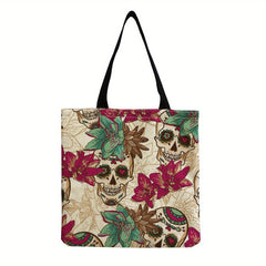 Vintage Skull & Flower Print Canvas Bag Lightweight Shopper Halloween Bag