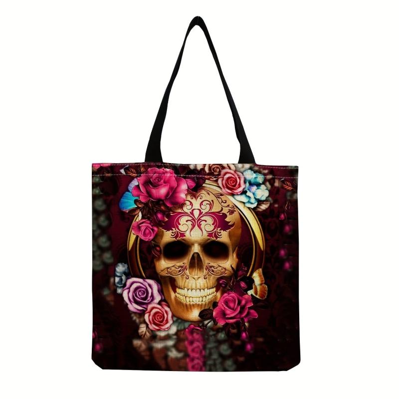 Vintage Skull & Flower Print Canvas Bag Lightweight Shopper Halloween Bag