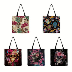 Vintage Skull & Flower Print Canvas Bag Lightweight Shopper Halloween Bag