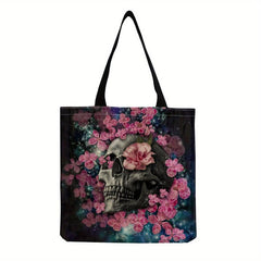 Vintage Skull & Flower Print Canvas Bag Lightweight Shopper Halloween Bag