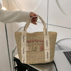 Boho Tassel Beach Bag Straw Woven Tote Veg Basket Travel Picnic