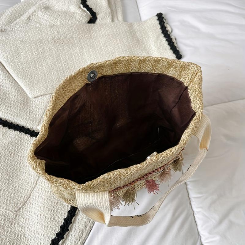 Boho Tassel Beach Bag Straw Woven Tote Veg Basket Travel Picnic