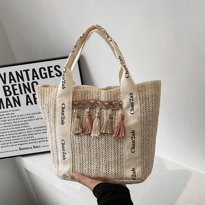 Boho Tassel Beach Bag Straw Woven Tote Veg Basket Travel Picnic