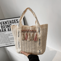 Boho Tassel Beach Bag Straw Woven Tote Veg Basket Travel Picnic