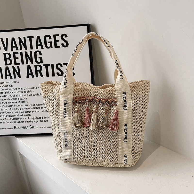 Boho Tassel Beach Bag Straw Woven Tote Veg Basket Travel Picnic
