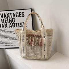 Boho Tassel Beach Bag Straw Woven Tote Veg Basket Travel Picnic