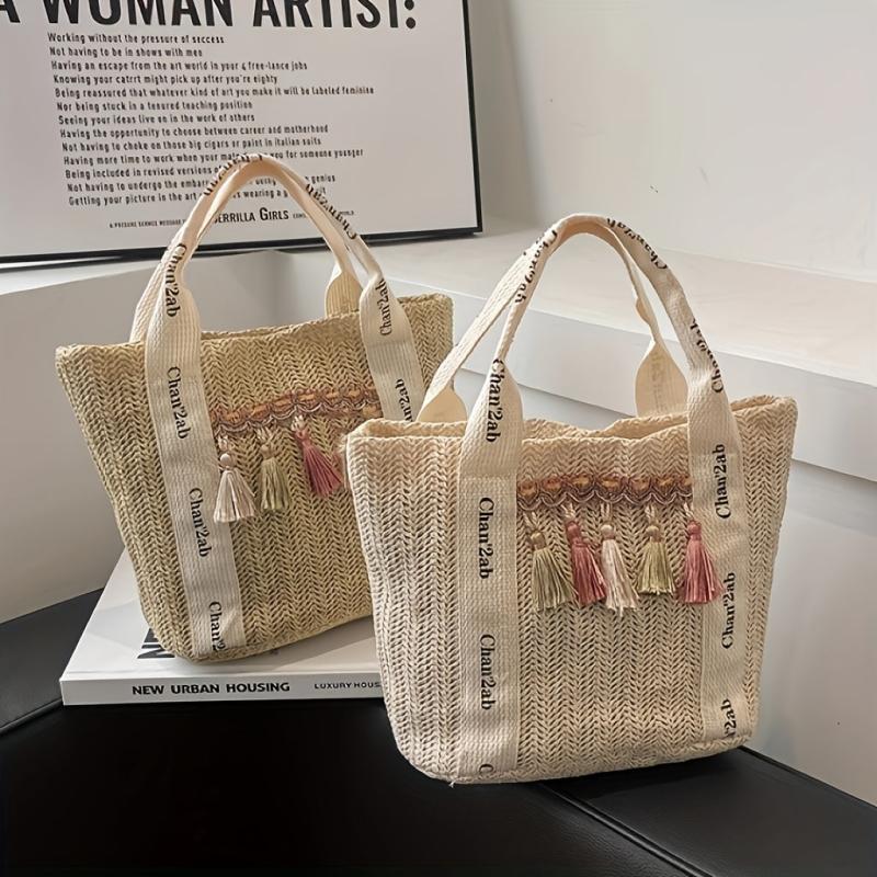 Boho Tassel Beach Bag Straw Woven Tote Veg Basket Travel Picnic