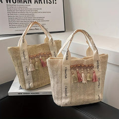 Boho Tassel Beach Bag Straw Woven Tote Veg Basket Travel Picnic