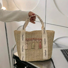 Boho Tassel Beach Bag Straw Woven Tote Veg Basket Travel Picnic