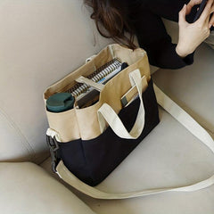 Contrast Canvas Tote Bag Large Capacity Crossbody Bag Pockets