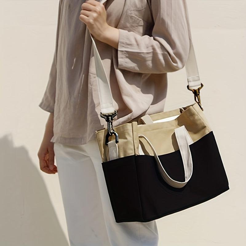 Contrast Canvas Tote Bag Large Capacity Crossbody Bag Pockets
