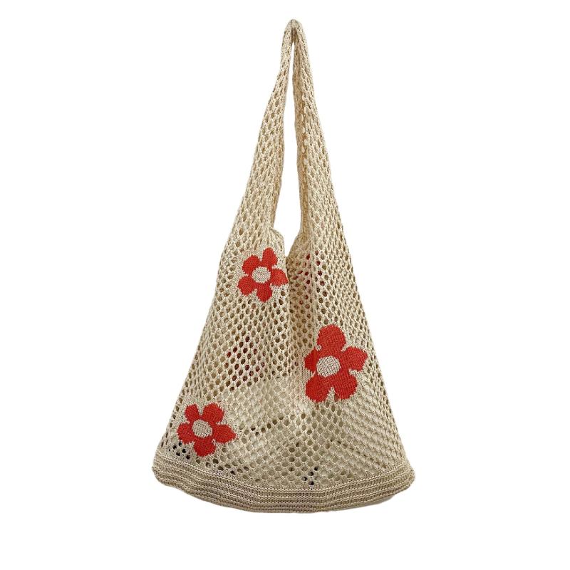 Flower Print Crochet Shoulder Bag Casual Shopper Bag