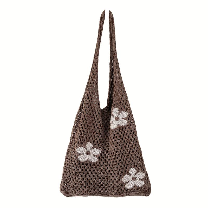 Flower Print Crochet Shoulder Bag Casual Shopper Bag