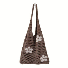 Flower Print Crochet Shoulder Bag Casual Shopper Bag