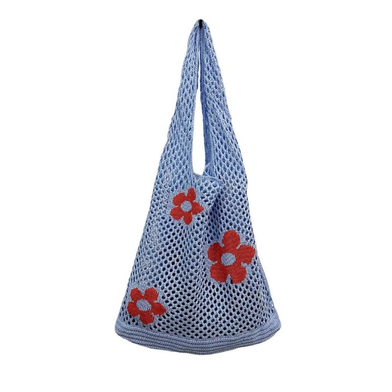 Flower Print Crochet Shoulder Bag Casual Shopper Bag