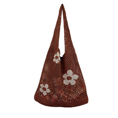 Flower Print Crochet Shoulder Bag Casual Shopper Bag