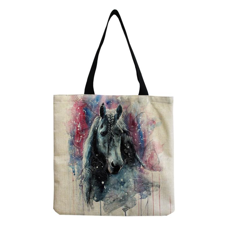 Horse Print Canvas Bag Foldable Lightweight Shoulder Bag