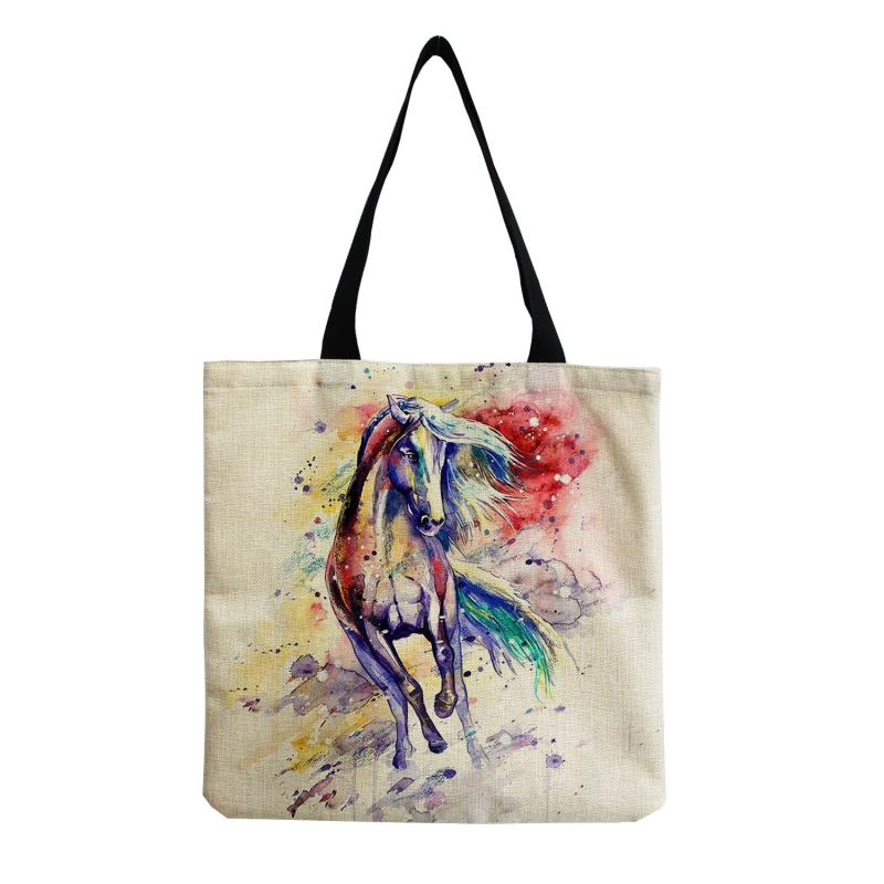 Horse Print Canvas Bag Foldable Lightweight Shoulder Bag