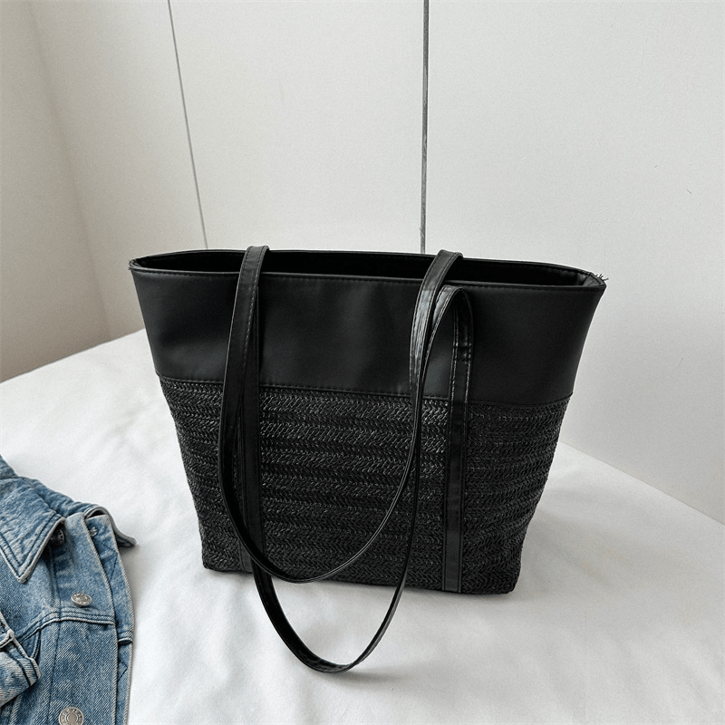 Straw Woven Shoulder Tote Bag Textured Handbag Women's Beach Bag