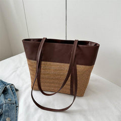 Straw Woven Shoulder Tote Bag Textured Handbag Women's Beach Bag