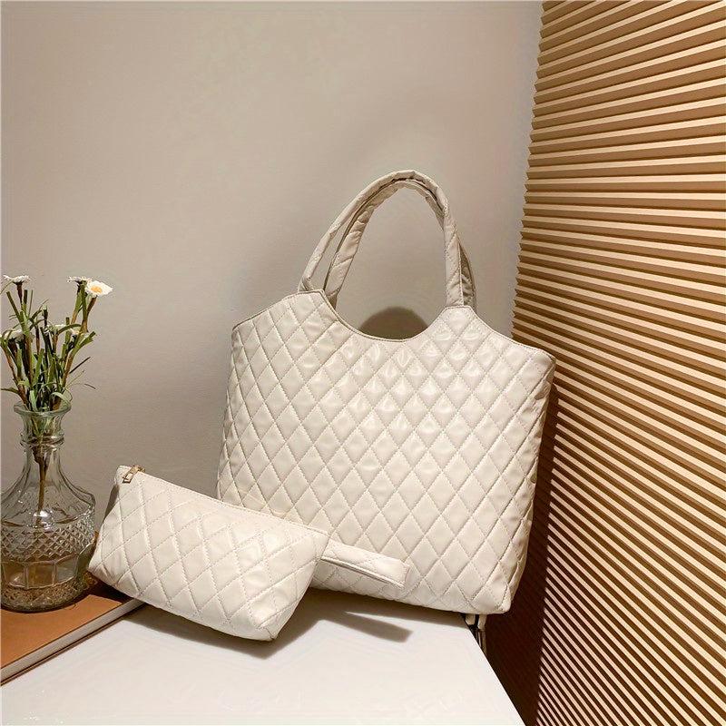 Large Capacity Tote Bag With Pouch Argyle Pattern