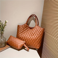 Large Capacity Tote Bag With Pouch Argyle Pattern
