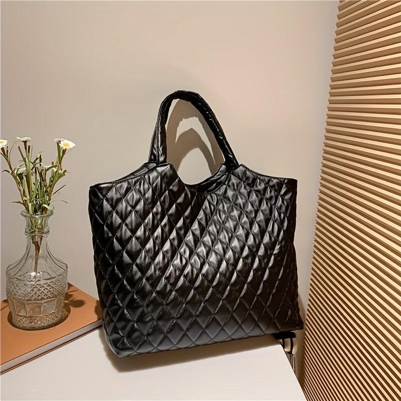 Large Capacity Tote Bag With Pouch Argyle Pattern