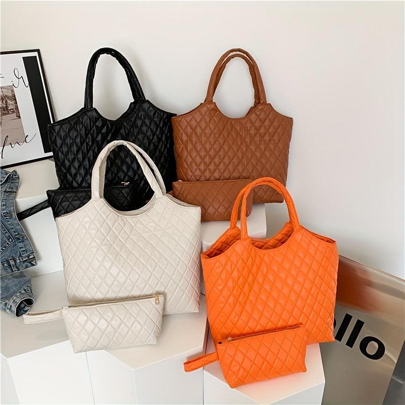 Large Capacity Tote Bag With Pouch Argyle Pattern