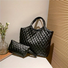 Large Capacity Tote Bag With Pouch Argyle Pattern