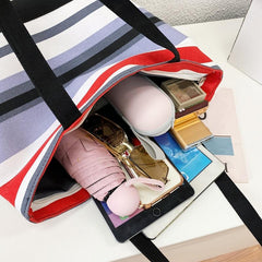 Striped Canvas Shoulder Bag Casual Shopping Tote Bag for Women