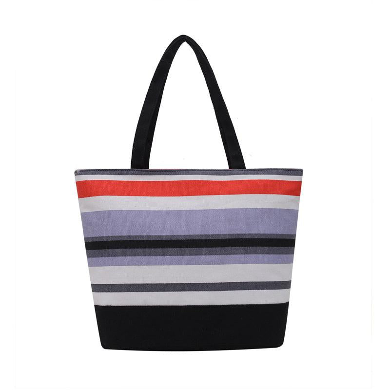Striped Canvas Shoulder Bag Casual Shopping Tote Bag for Women